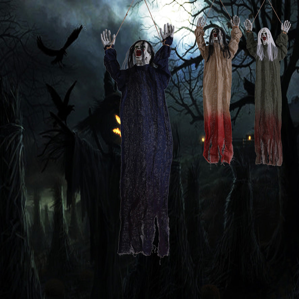 Tied Up Ghost Haunted House - Black Hair Blue Clothing