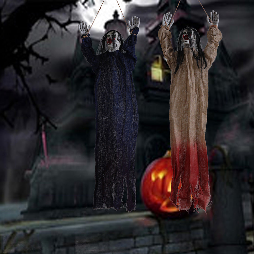 Tied Up Ghost Haunted House - Black Hair Blue Clothing