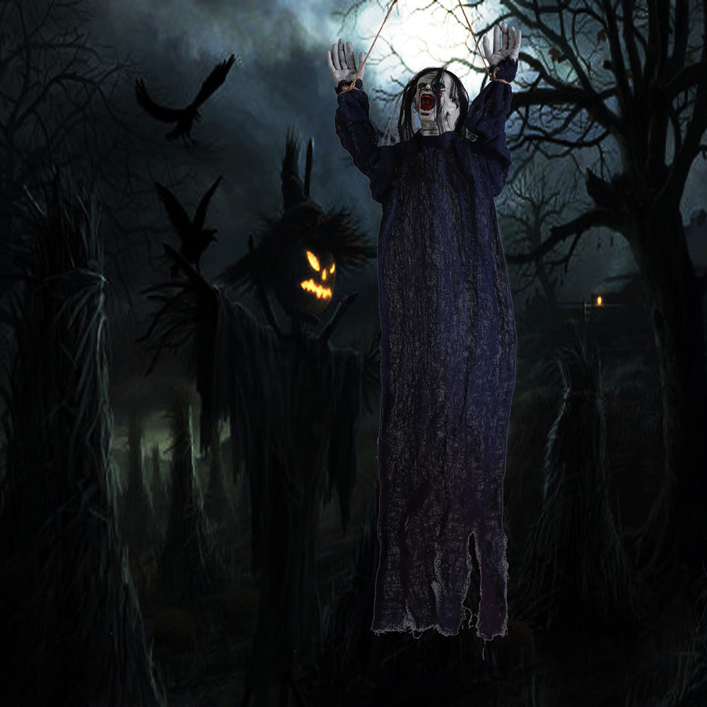 Tied Up Ghost Haunted House - Black Hair Blue Clothing