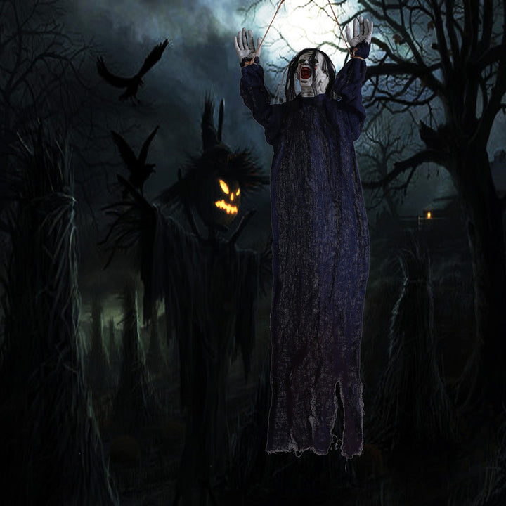 Tied Up Ghost Haunted House - Black Hair Blue Clothing