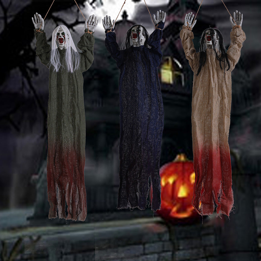 Tied Up Ghost Haunted House - Black Hair Blue Clothing