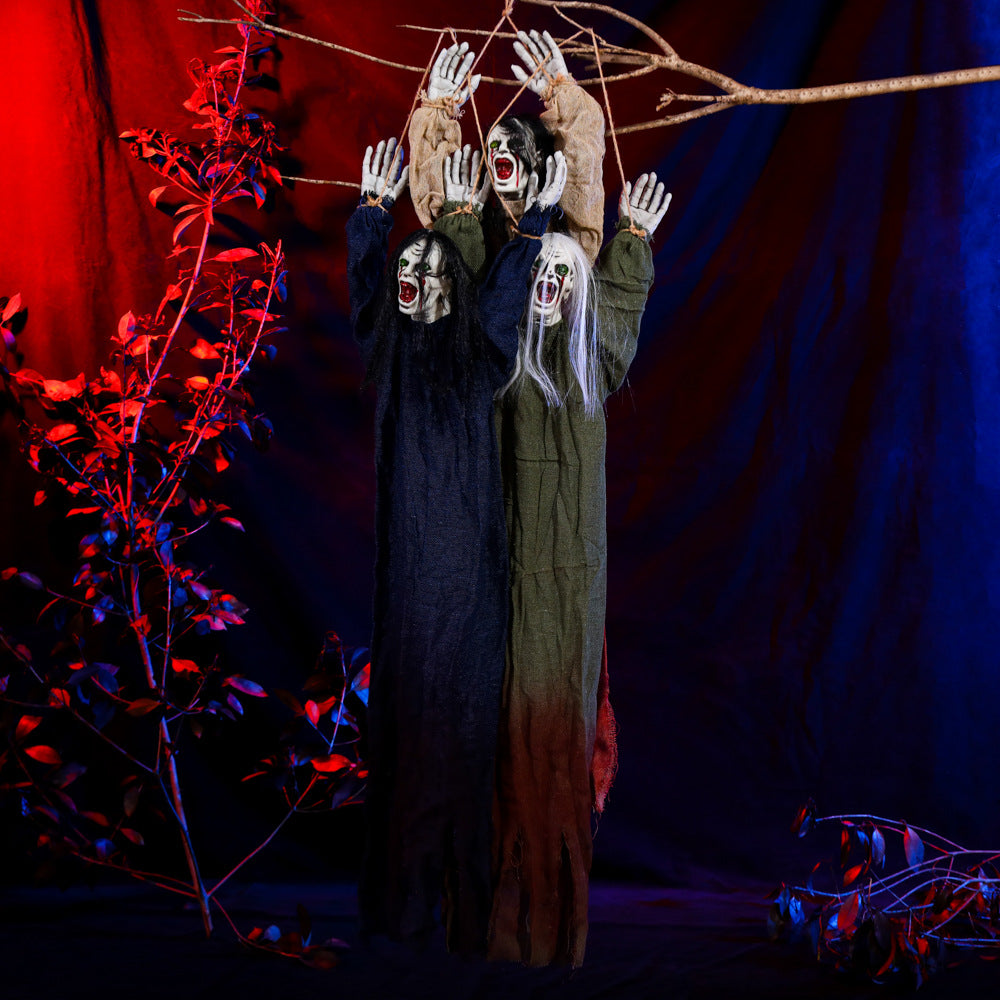 Tied Up Ghost Haunted House - Black Hair Blue Clothing