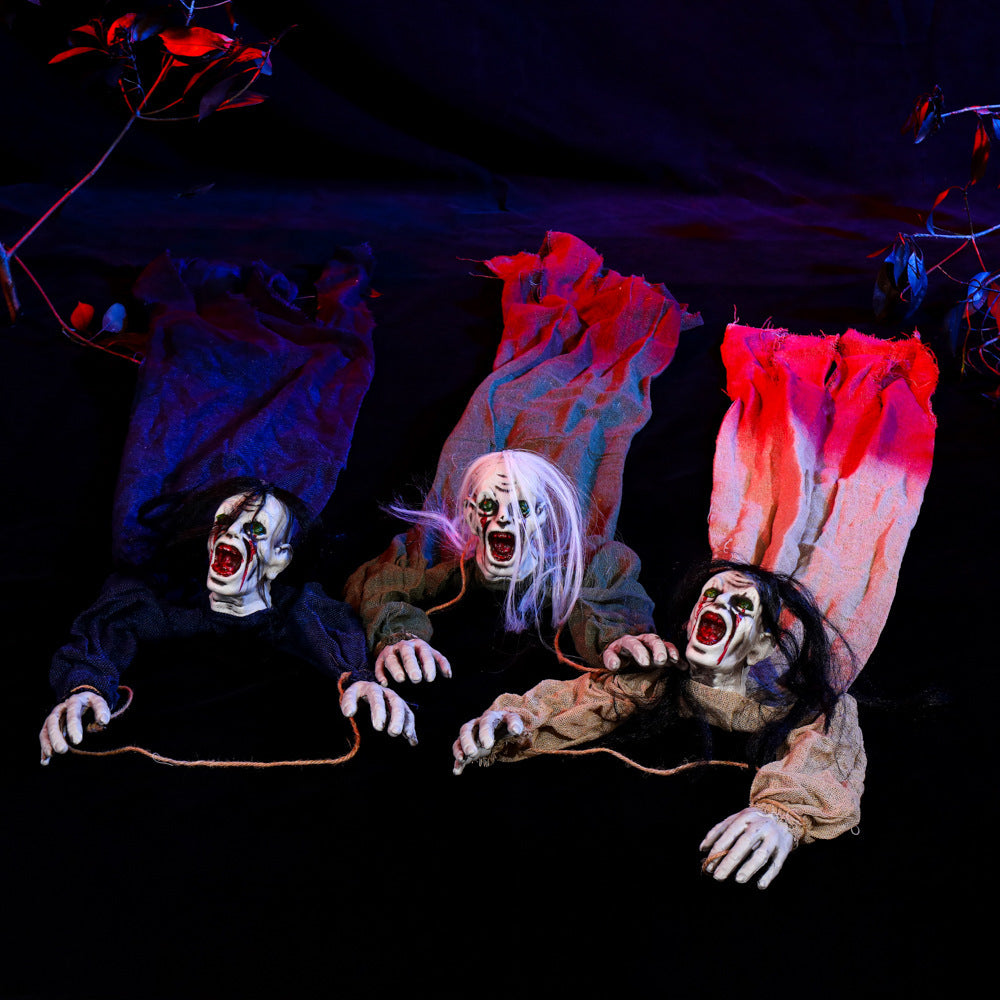 Tied Up Ghost Haunted House - Black Hair Blue Clothing