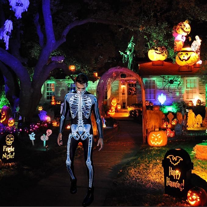 Halloween Long Sleeve Tights See-through Skeleton 3D Printed One-piece - Male