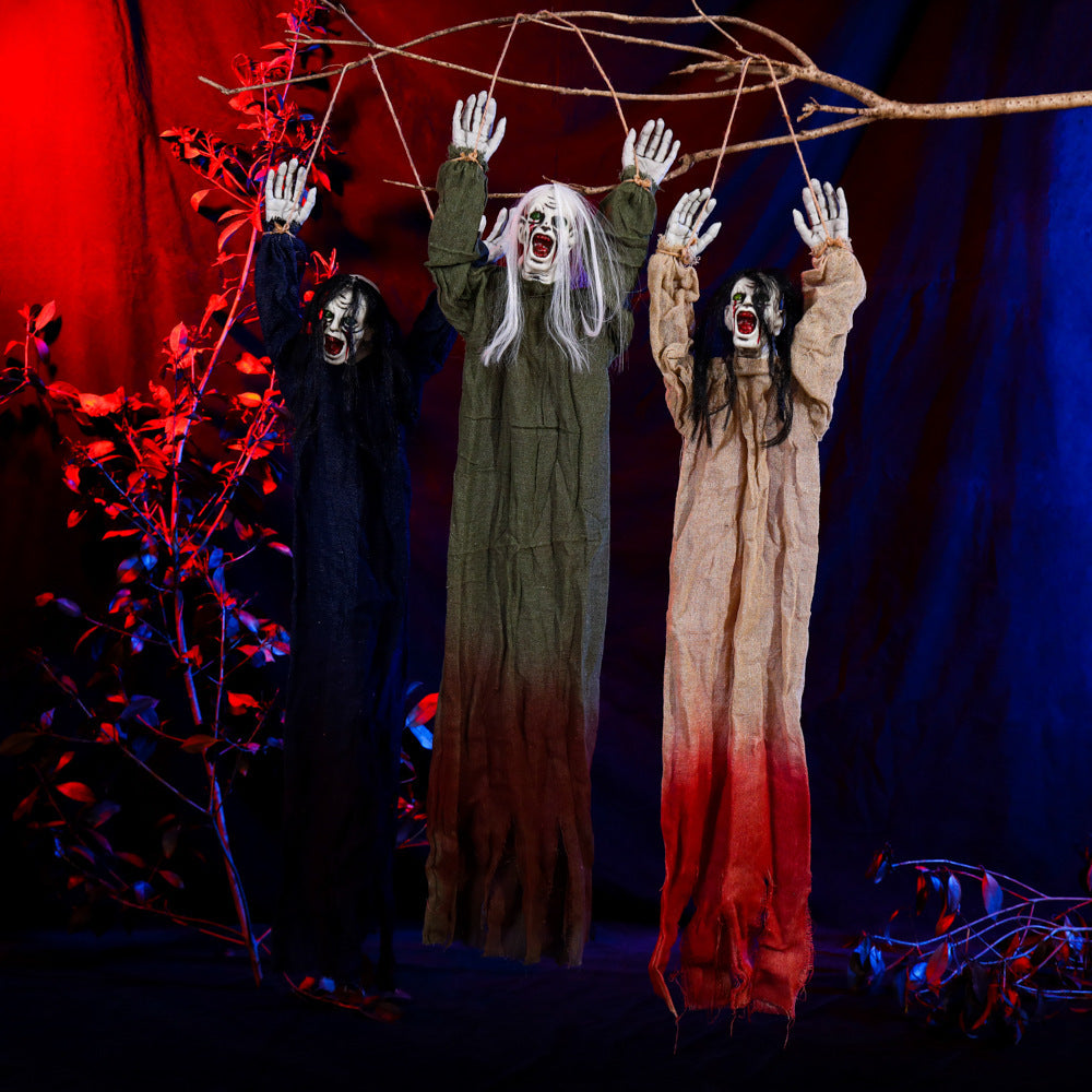 Tied Up Ghost Haunted House - Black Hair Blue Clothing