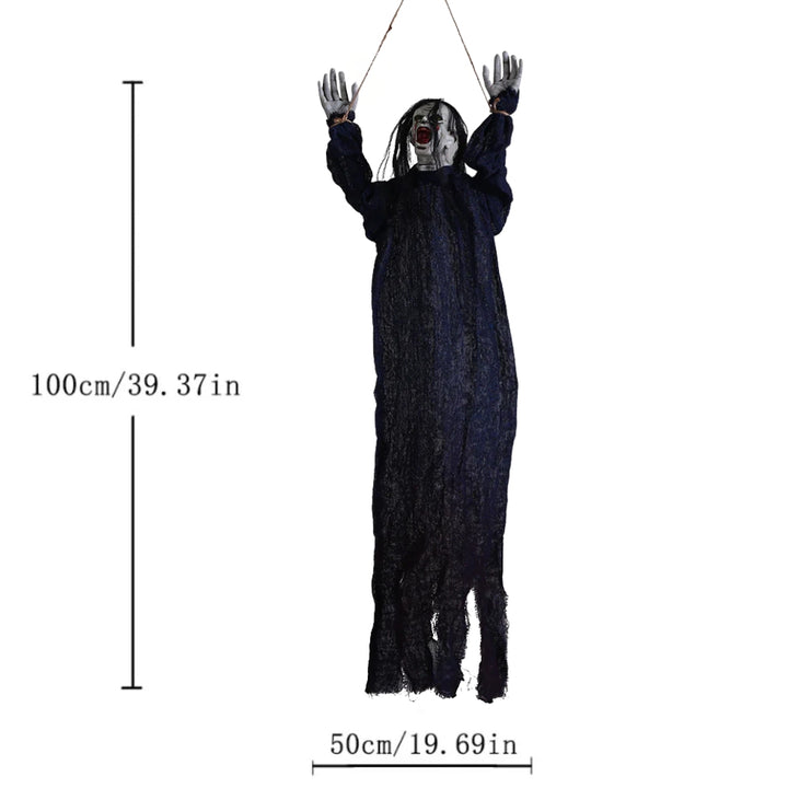 Tied Up Ghost Haunted House - Black Hair Blue Clothing
