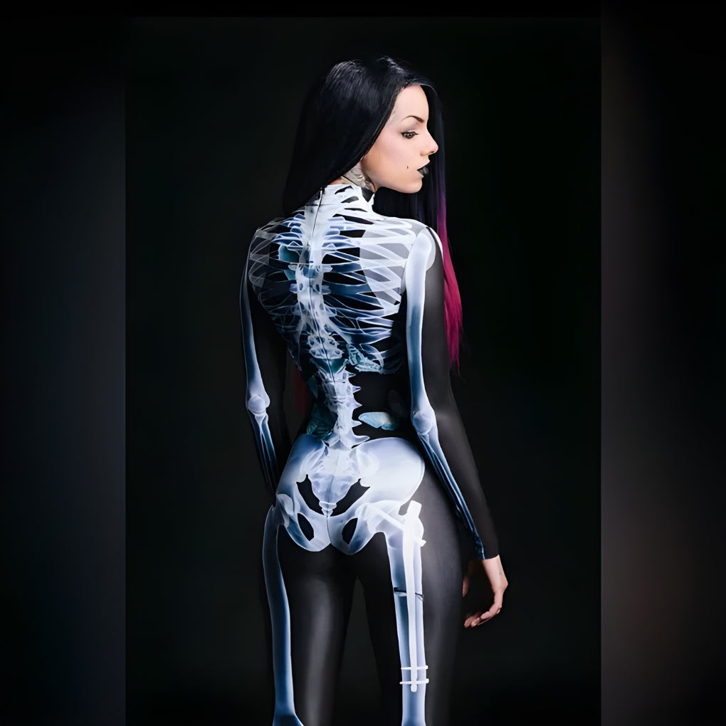 Halloween Long Sleeve Tights See-through Skeleton 3D Printed One-piece - Female