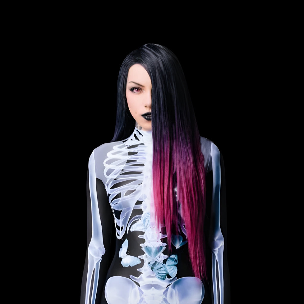 Halloween Long Sleeve Tights See-through Skeleton 3D Printed One-piece - Female