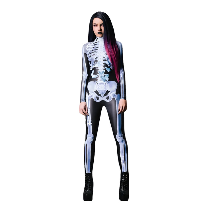 Halloween Long Sleeve Tights See-through Skeleton 3D Printed One-piece - Female