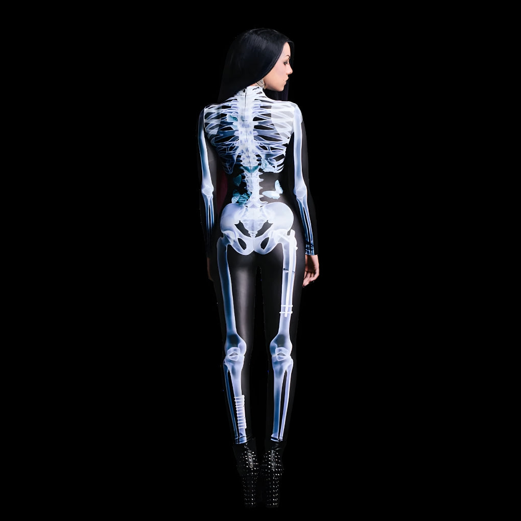 Halloween Long Sleeve Tights See-through Skeleton 3D Printed One-piece - Female