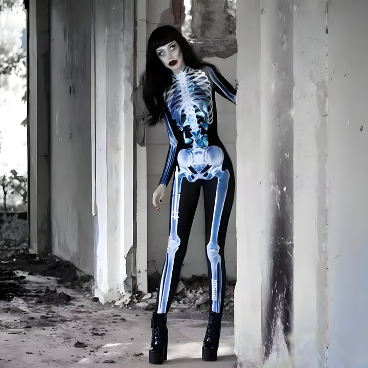Halloween Long Sleeve Tights See-through Skeleton 3D Printed One-piece - Female