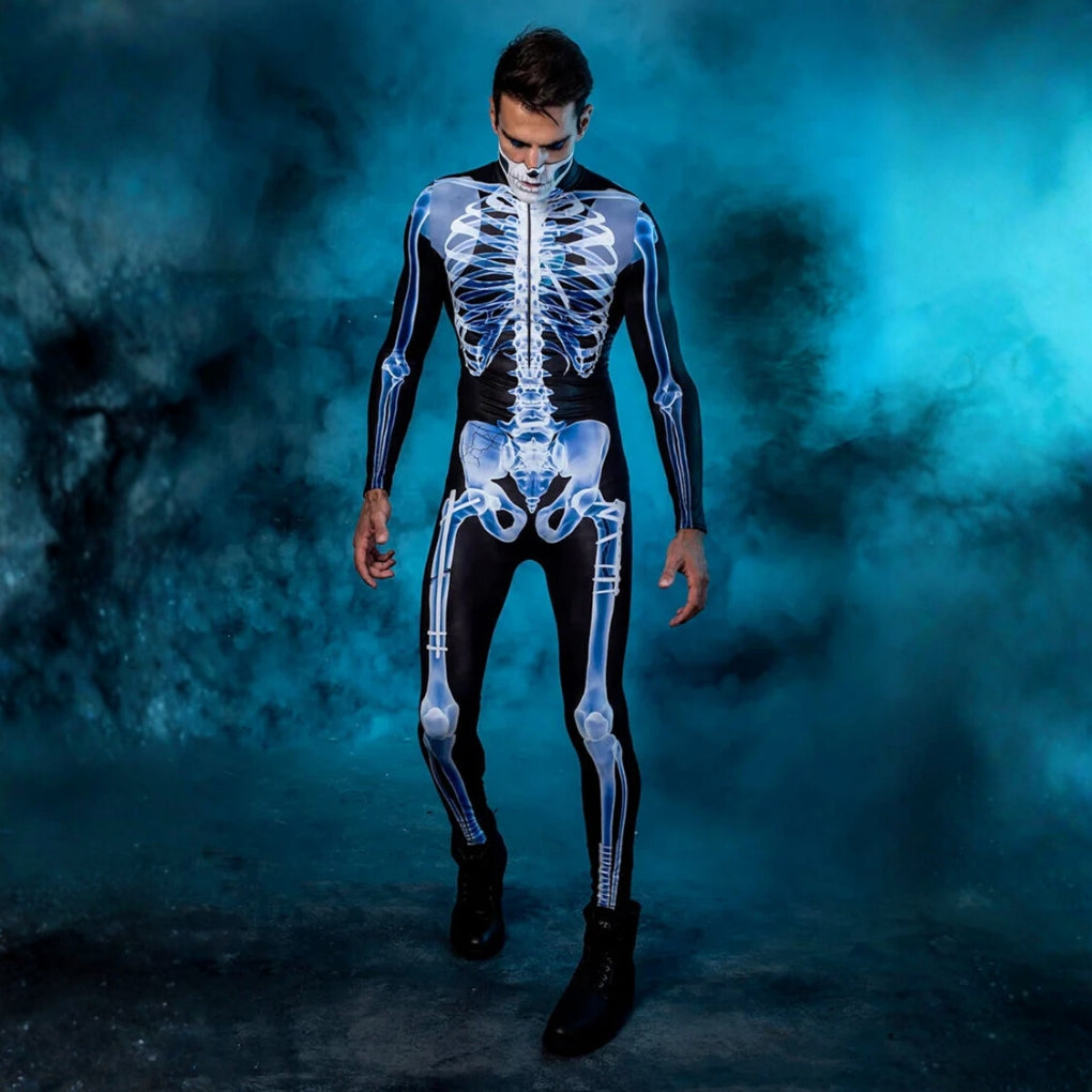 Halloween Long Sleeve Tights See-through Skeleton 3D Printed One-piece - Male