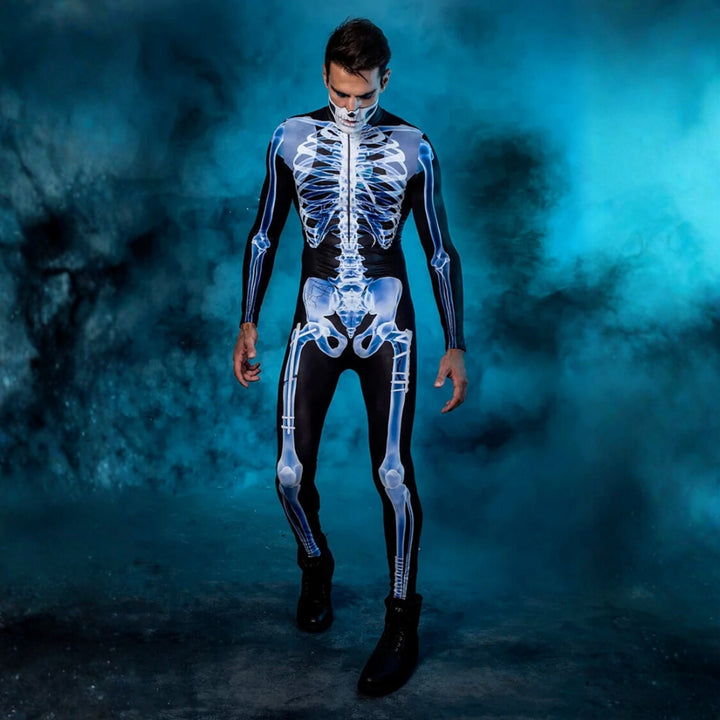 Halloween Long Sleeve Tights See-through Skeleton 3D Printed One-piece - Male