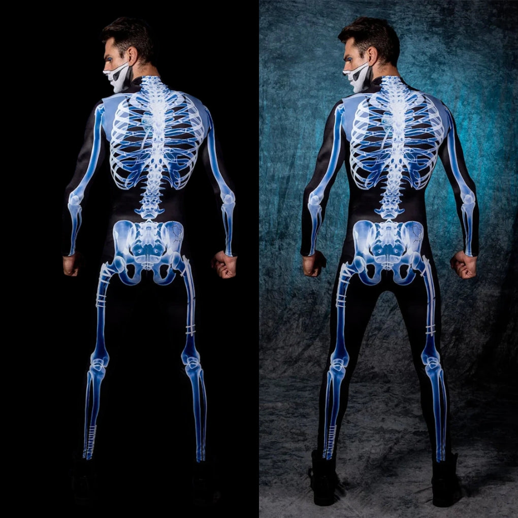 Halloween Long Sleeve Tights See-through Skeleton 3D Printed One-piece - Male