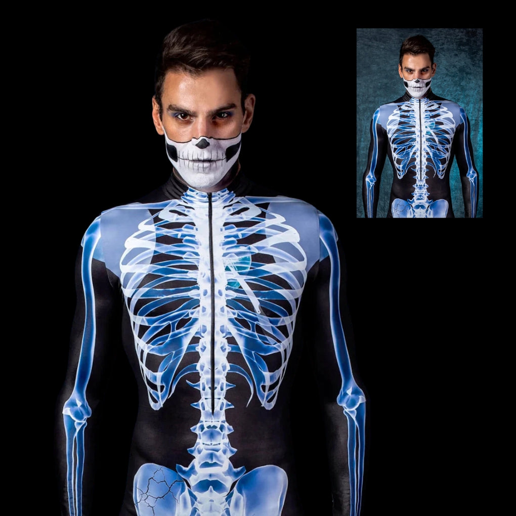 Halloween Long Sleeve Tights See-through Skeleton 3D Printed One-piece - Male