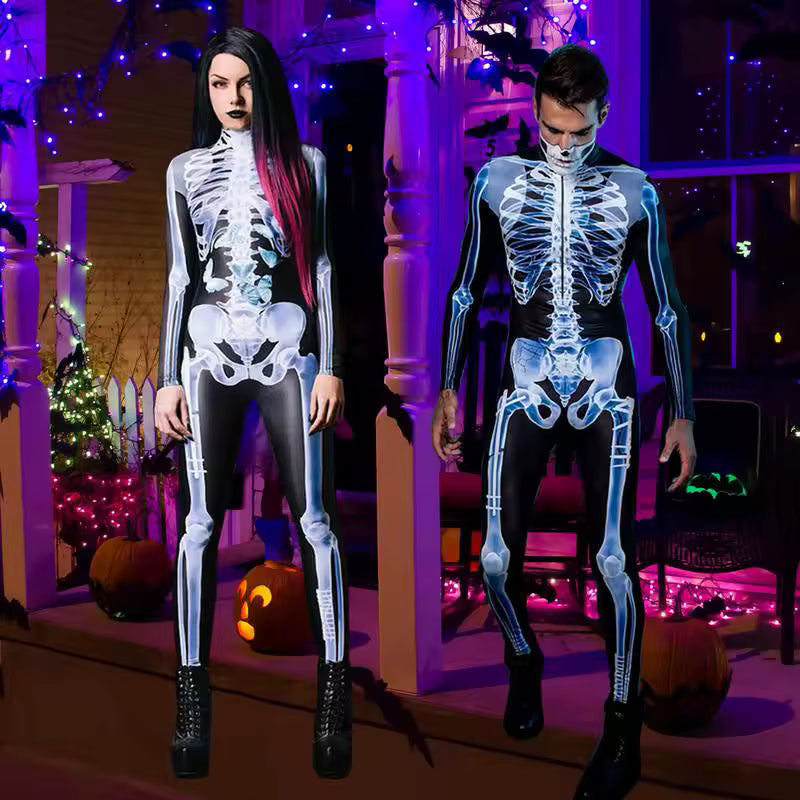 Halloween Long Sleeve Tights See-through Skeleton 3D Printed One-piece - Male