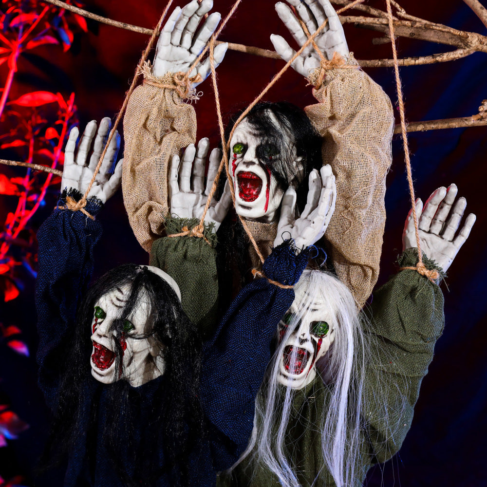 Tied Up Ghost Haunted House - Black Hair Blue Clothing