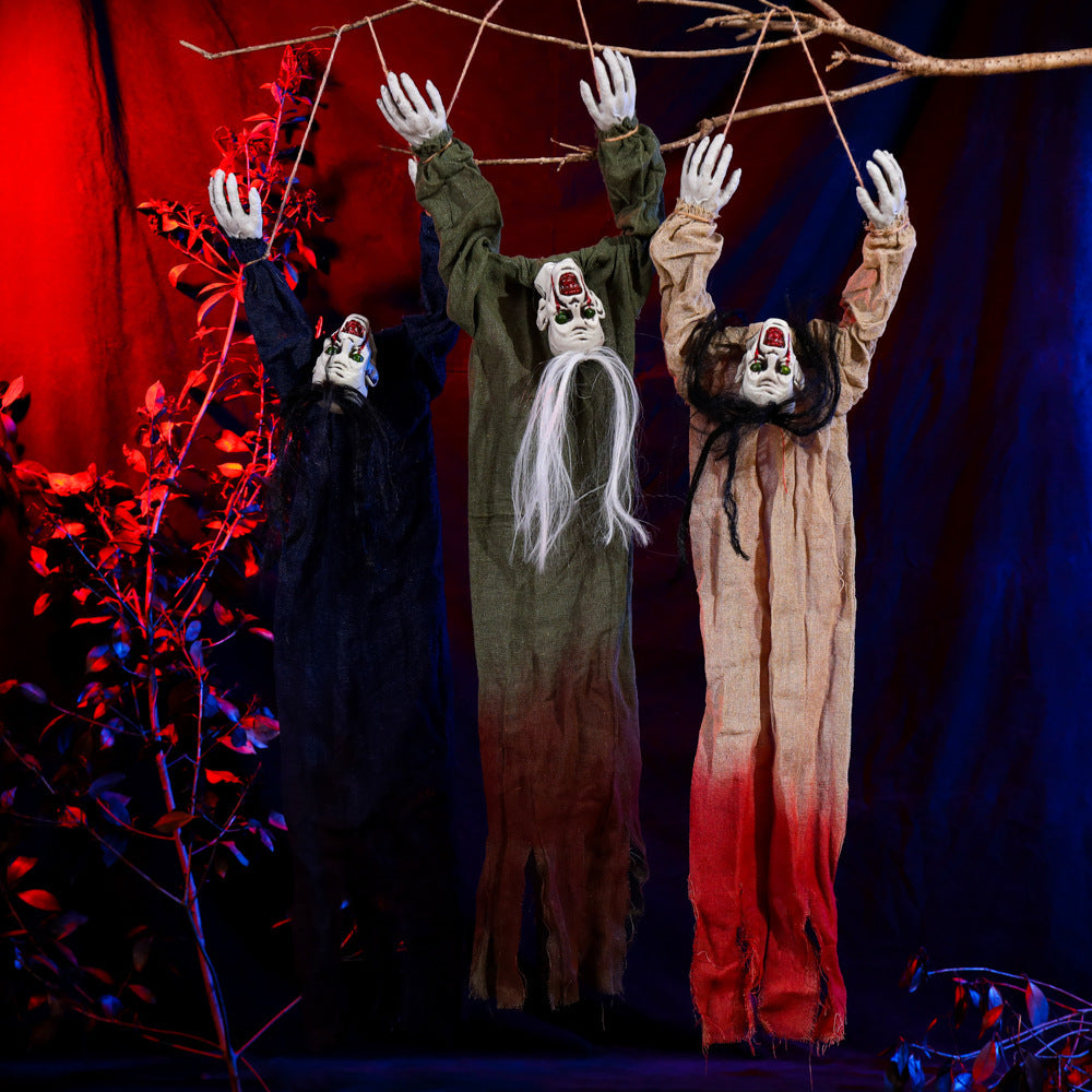 Tied Up Ghost Haunted House - Black Hair Blue Clothing